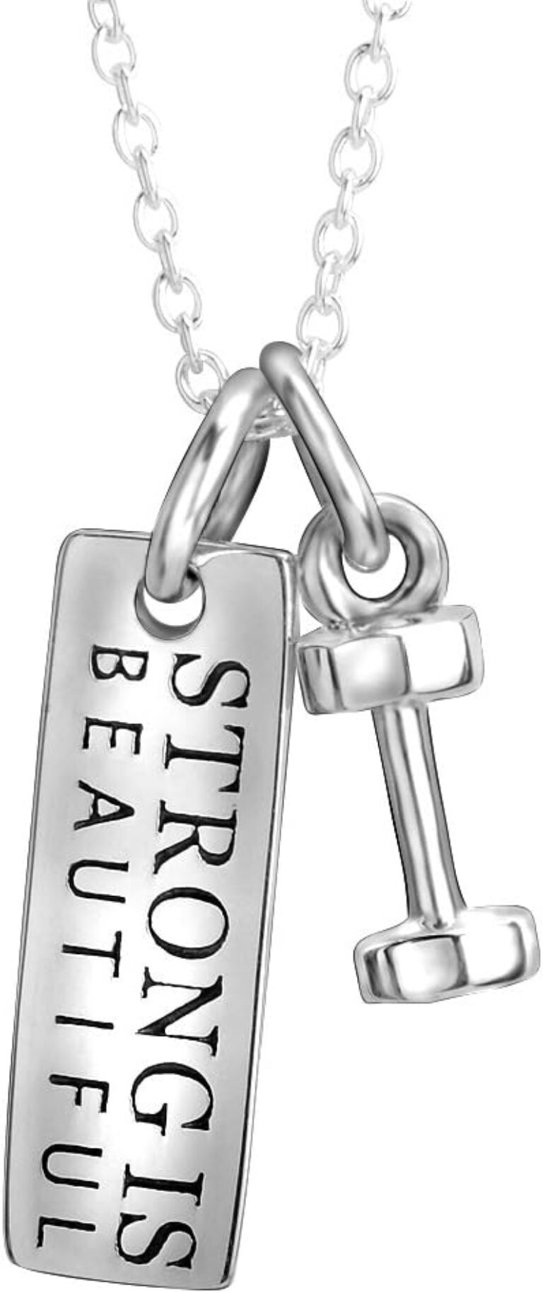 YFN Sterling Silver Strong Is Beautiful She Believe She Could So She Did Engraved Dumbbell Barbell Gym Buff Pendant Necklace 18"