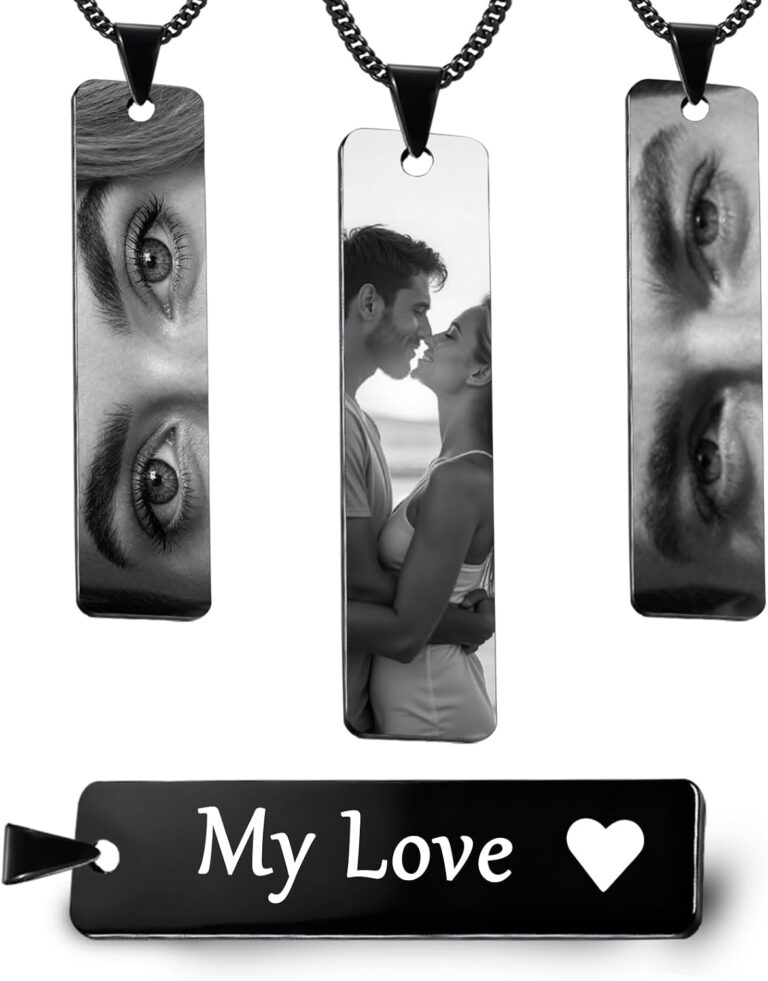 QYH Custom Eye Necklace with Picture - Personalized Eyes Necklace Couples Photo Double-sided Engraved Text Stainless Steel Necklaces Customized Gifts for Loved One