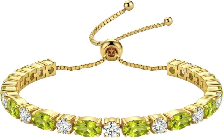 OJK 14K Gold Birthstone Tennis Bracelets for Women Oval Gems Bolo Bracelet