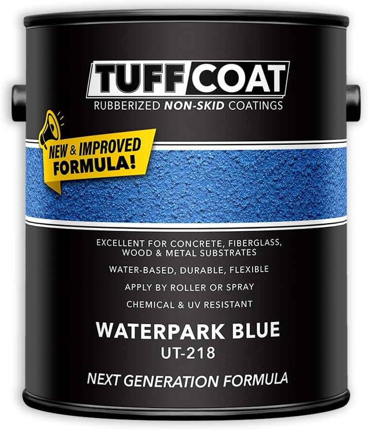 Tuff Coat Medium Texture Rubberized Non-Skid Deck Coating – Textured Non-Slip Safety Surface for Pool Decks, Docks, Boat Ramps, Patios, Walkways & High-Traffic Areas (UT-218 Waterpark Blue 1-gallon)