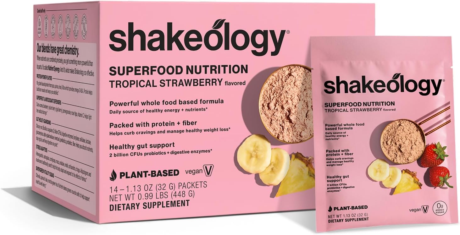 BODi Shakeology 0g Added Sugar Plant Based Protein Powder Blend, Gluten-Free Shake with Vitamins and Minerals – Helps Support Healthy Weight Loss, Lean Muscle, Tropical Strawberry - 14 Servings