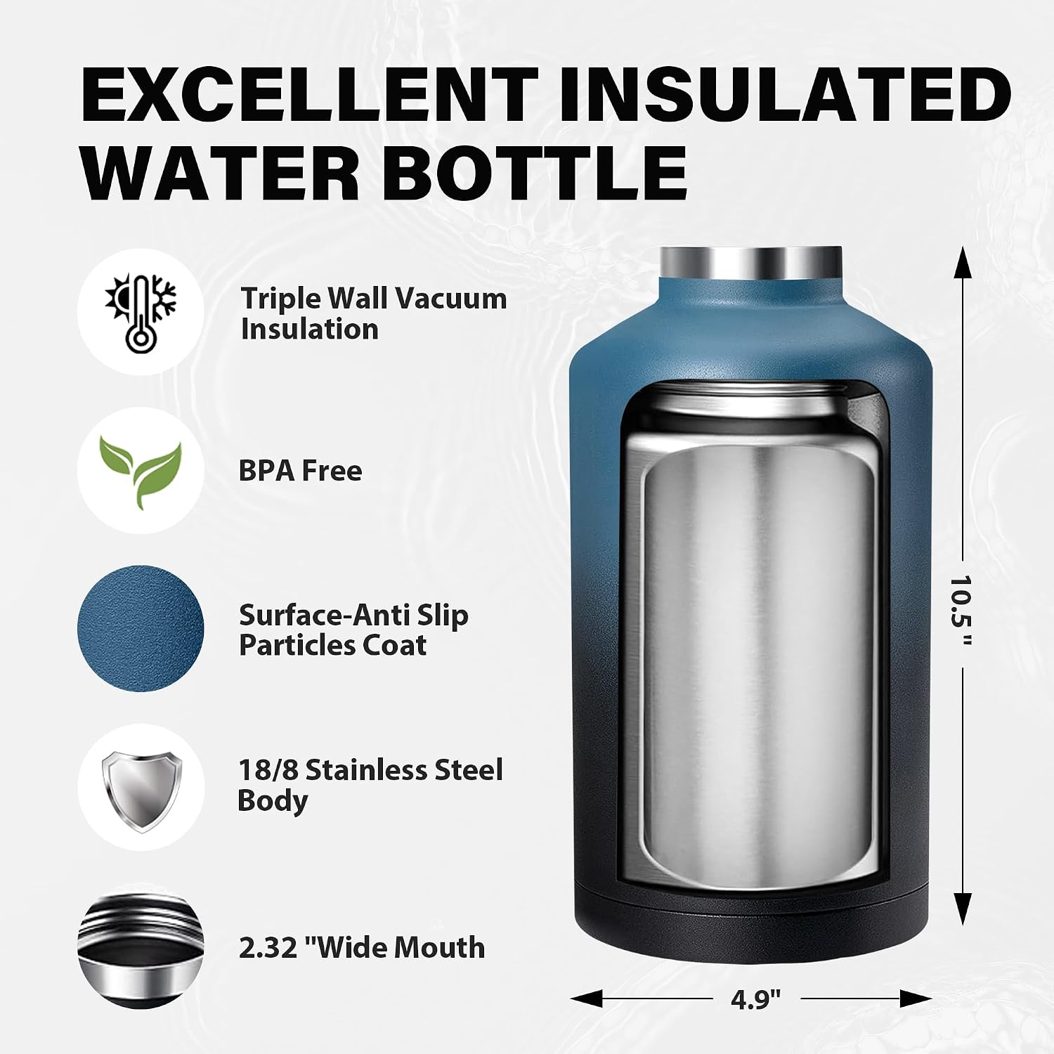 Insulated Water Bottle 64 oz, Triple Wall Vacuum Stainless Steel Water Bottles(Cold for 48 Hrs), Leak Proof & Non-BPA, Half Gallon Water Flask Jug with Straw Spout Lids for Gym, Sports, Camping - Image 4