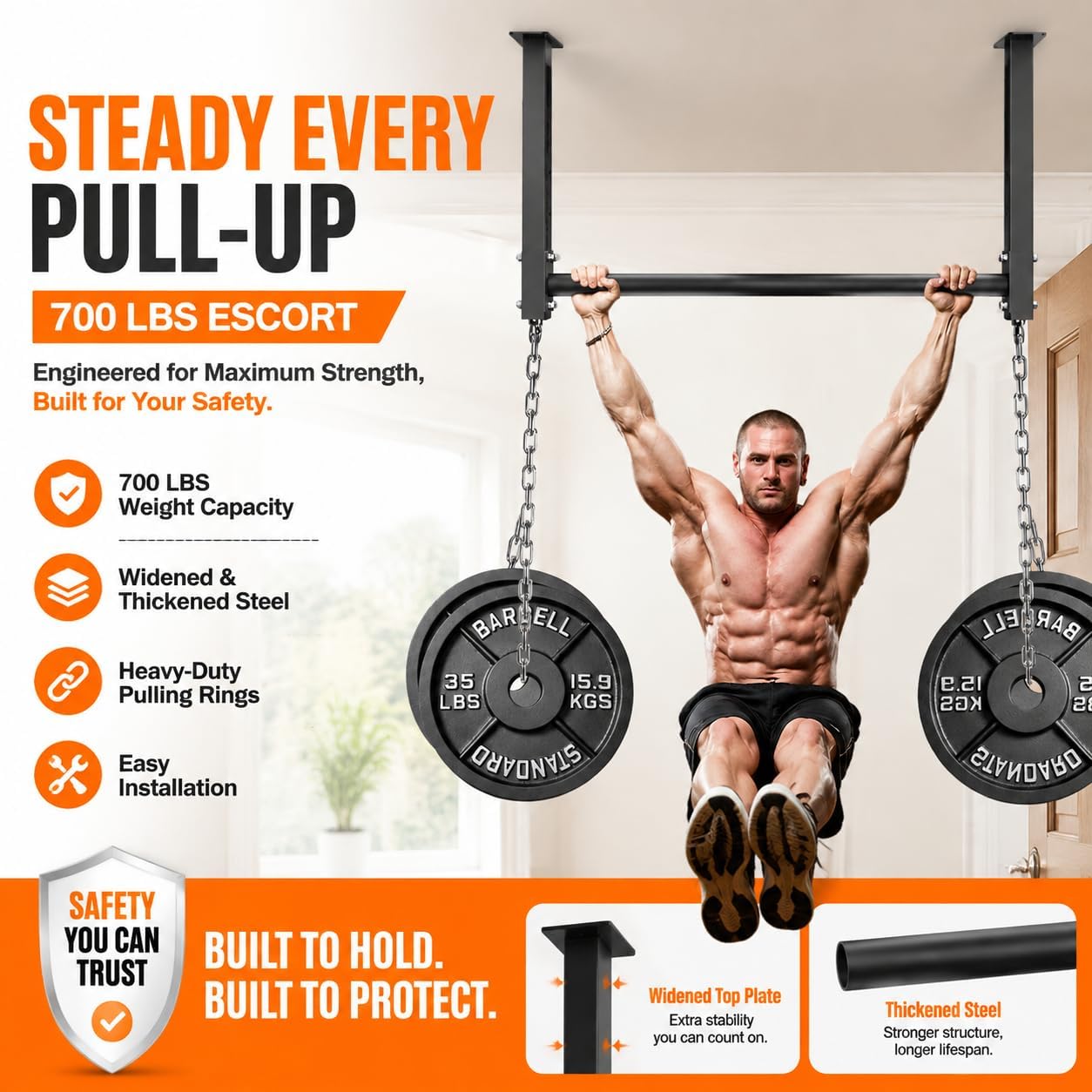 Ceiling Mounted Pull Up Bar, Heavy Duty 700 LBS Multi Grip Pull Up Bars, 16"/24" Rafter Chin Up Bar, Ceiling Joist for Garage/Gym/Basement with Comfortable Grip & Round Anchors, Easy to Install - Image 3
