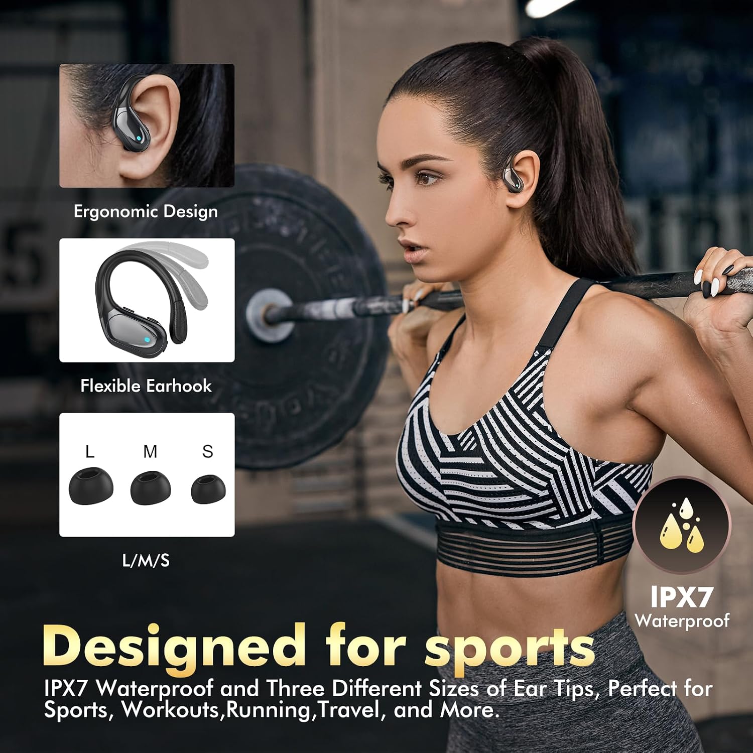 HAOYUYAN Wireless Earbuds, Sports Bluetooth Headphones, 80Hrs Playtime Ear Buds with LED Power Display, Noise Canceling Headset, IPX7 Waterproof Earphones for Workout/Running(Black) - Image 5