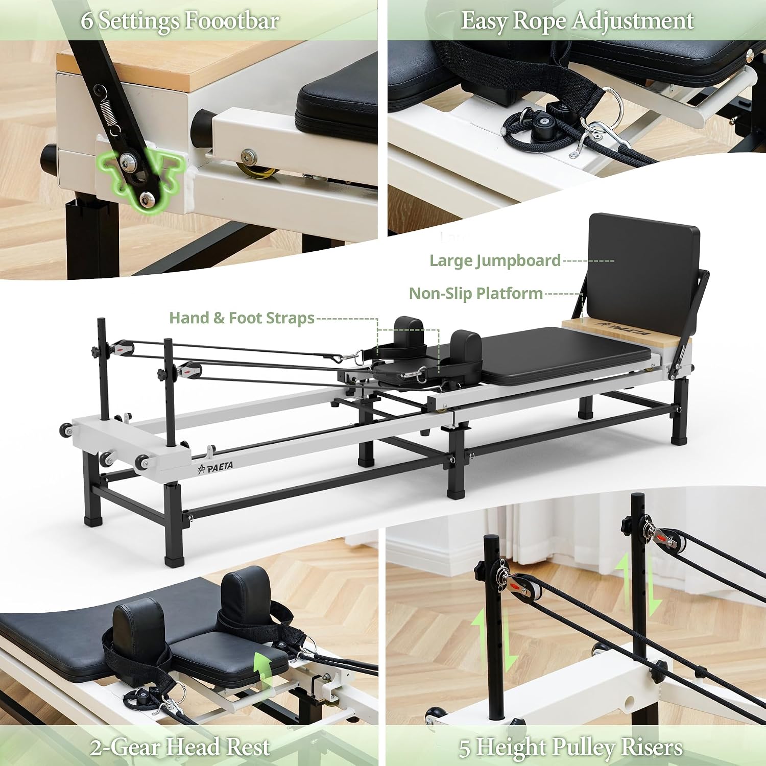 PAETA Pilates Reformer, 86" Foldable Reformer Pilates Machine with Adjustable Reformer Heights, Pilates Equipment with Music Wire Spings and Jump Boards - Image 6