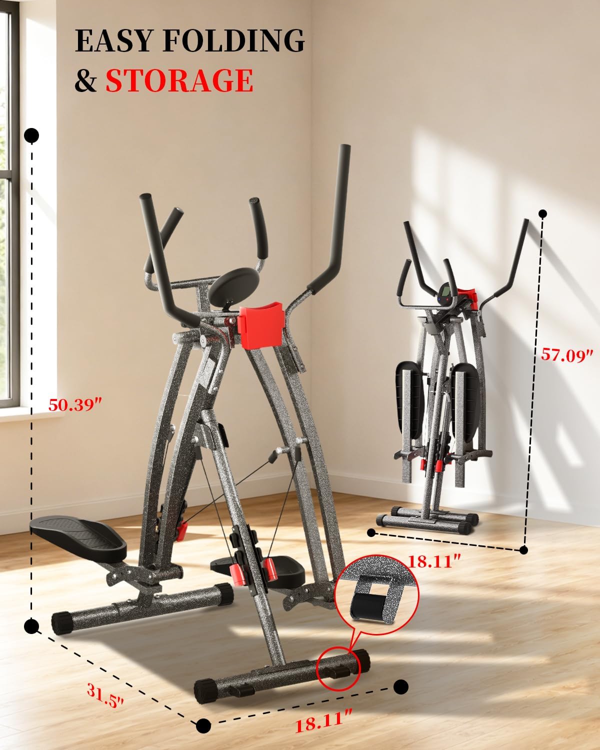 KEY2FUN Air Walk Elliptical, 500LBS 6-Level Adjustable Resistance Bands Foldable Air Walk Elliptical with LCD Monitor, Device Holder, Low-Impact Workout for Home Gym - Image 8
