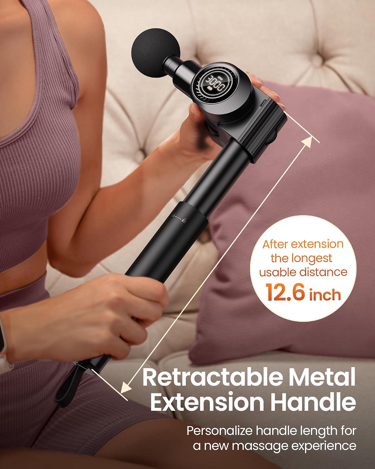 NAPRE Foldable Massage Gun with Extension Handle & 5 Adjustable Angles,Deep Tissue Back Massage for Neck/Body Pain Relief,Handheld Percussion Muscle Massager,32 Speeds,6 Heads & Silent,with Case - Image 3