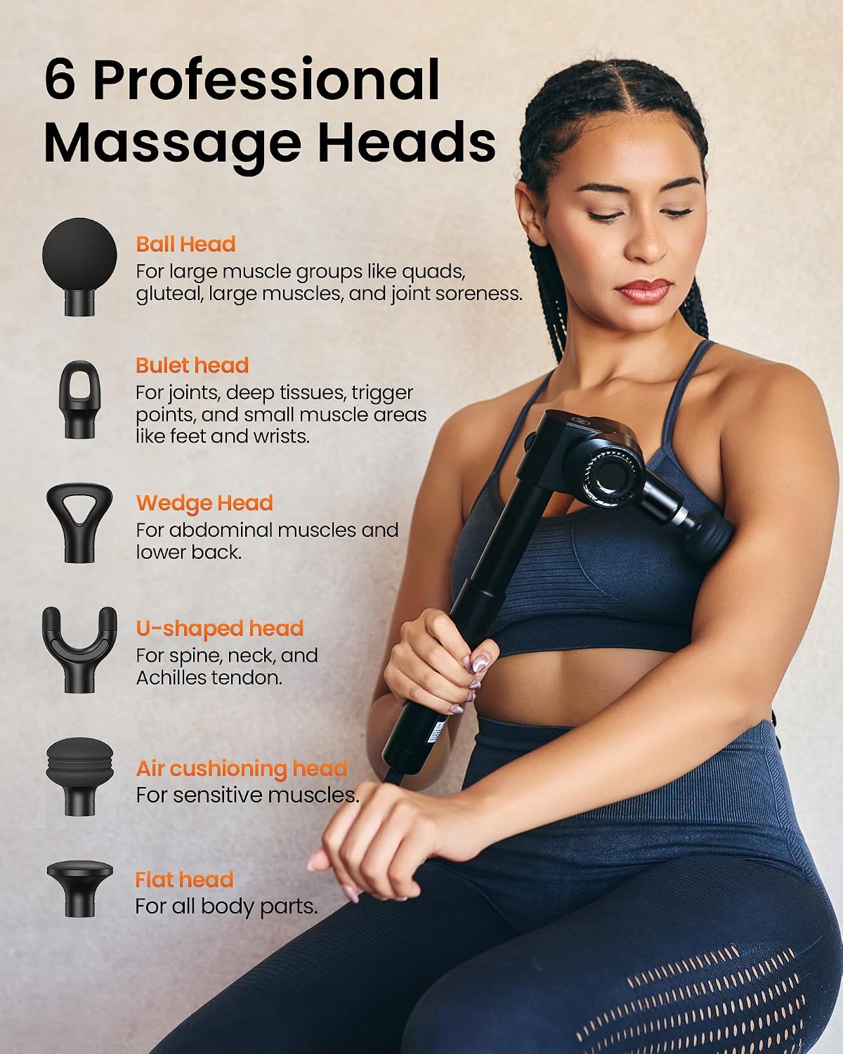 NAPRE Foldable Massage Gun with Extension Handle & 5 Adjustable Angles,Deep Tissue Back Massage for Neck/Body Pain Relief,Handheld Percussion Muscle Massager,32 Speeds,6 Heads & Silent,with Case - Image 8