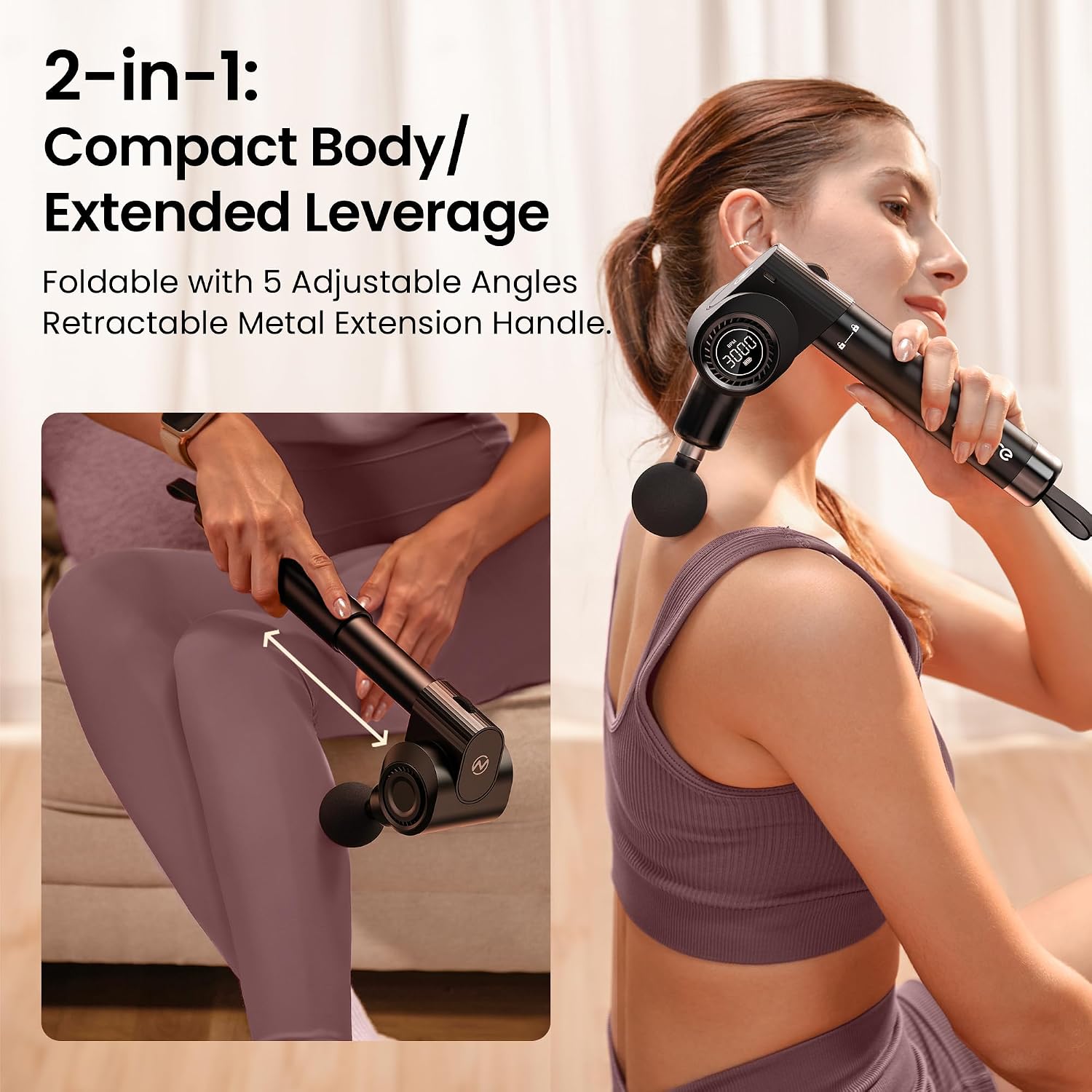 NAPRE Foldable Massage Gun with Extension Handle & 5 Adjustable Angles,Deep Tissue Back Massage for Neck/Body Pain Relief,Handheld Percussion Muscle Massager,32 Speeds,6 Heads & Silent,with Case - Image 2